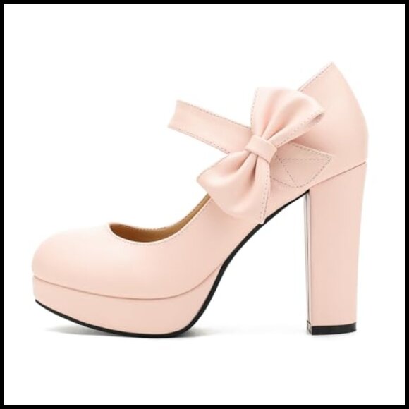 Platform Mary Jane Pumps with Bow 3.94 Inch Block Heel Elegant Wedding Shoes - Picture 4 of 7